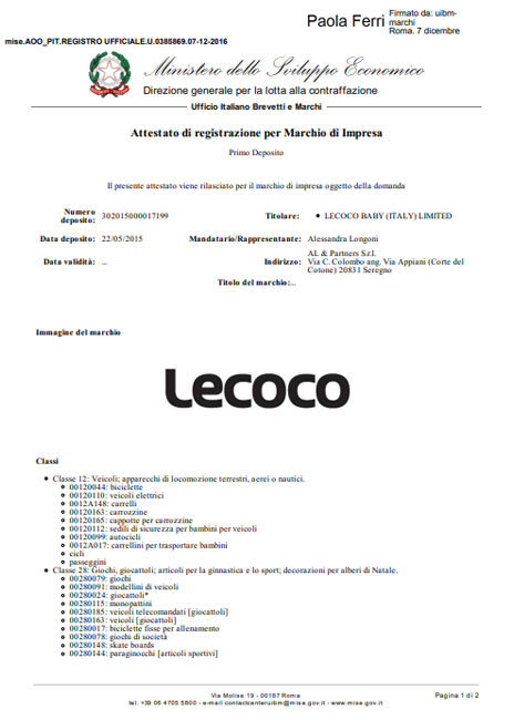 LECOCO Italian Trademark Registration